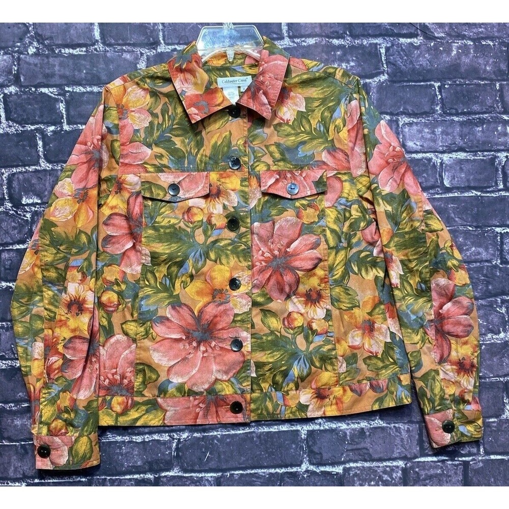 Coldwater Creek Jacket Women Medium Green Yellow Pink Floral Elegant Cottagecore